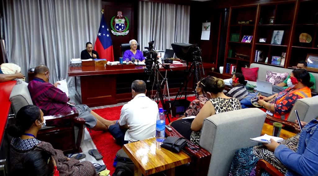 Prime Minister Fiamē Naomi Mata’afa announcing the changes at a press conference this morning. PHOTO: Gerwin Polu/Talamua Media.
