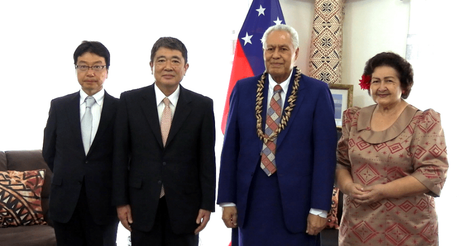 Japan’s new envoy H.E Mr Senta with the Head of State Tuimaleali’ifano Vaaletoa Sualauvi II and Faamausili Leinafo Tuimalealiifano.