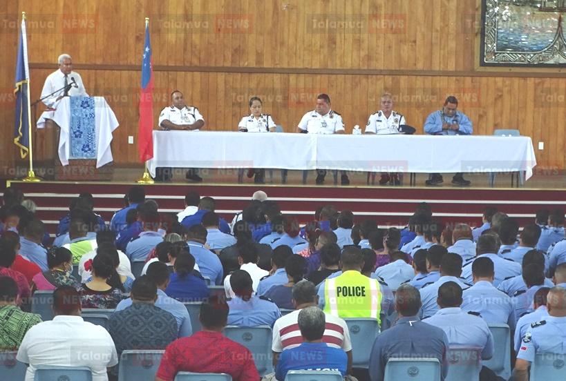 The Minister of Police, Faualo Harry Schuster addressing the police in a meeting to welcome the new Commissioner yesterday. 